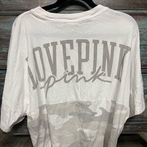 EUC!VS PINK Oversized Campus Varsity Tee!Gray/White/Camo Size MEDIUM!